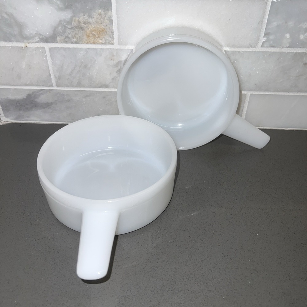 Vintage Ovenware White Milk Glass 14oz Handled Bowls J-2639 (Set of 2) USA Great